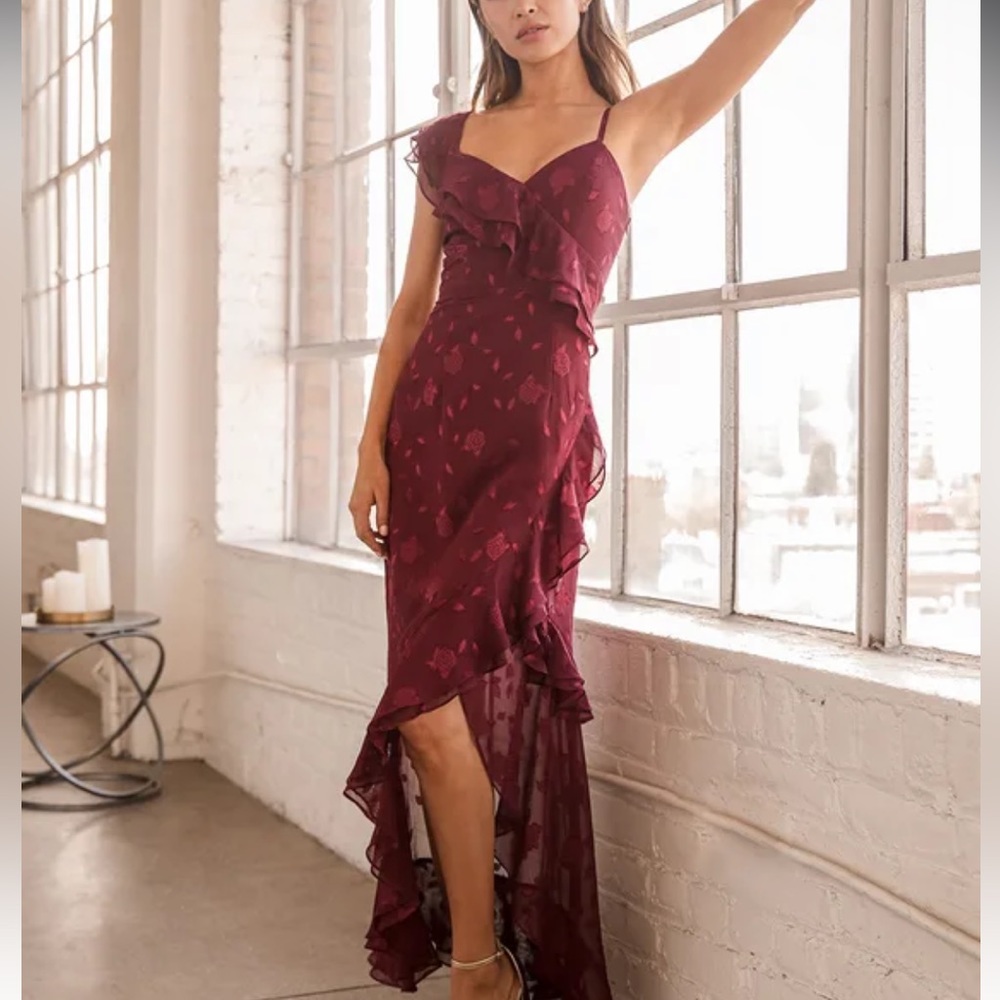 Lulu’s Forever Be Burgundy Floral Jacquard Ruffled Maxi Dress